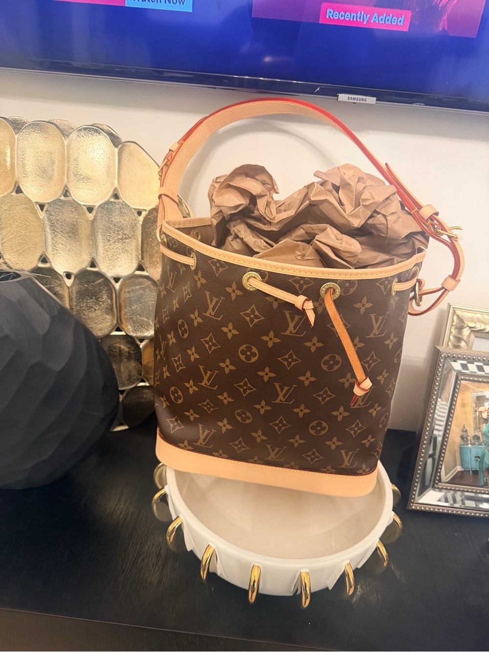 Louis Vuitton Monogram Canvas Bucket Bag with Natural Trim and Red-Edge Handle